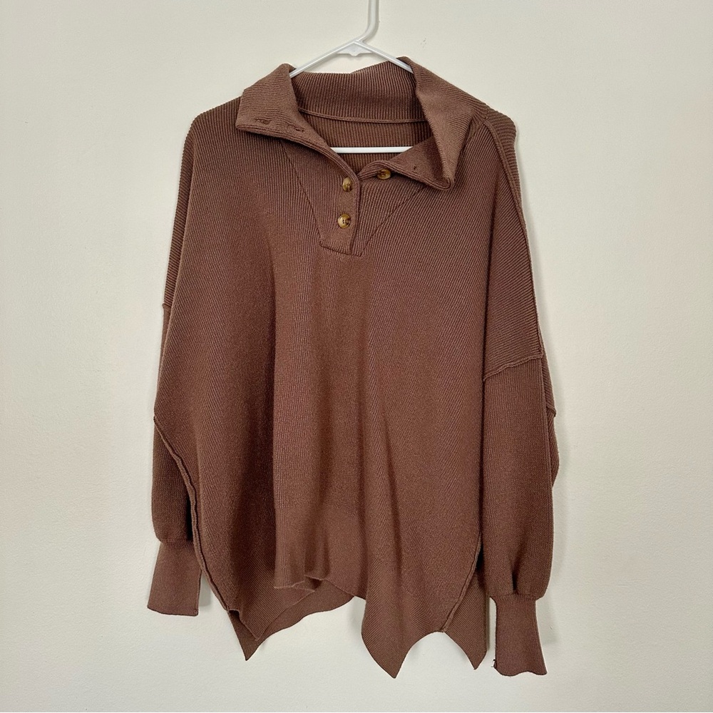Brown Cowl Neck Sweater with Button Detail